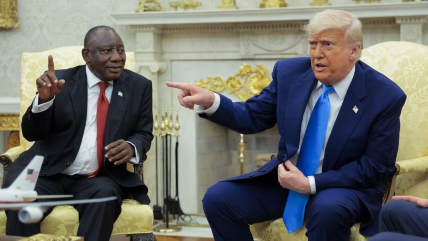 US President Donald Trump (R) speaks during a meeting with President of South Africa Cyril Ramaphosa in the Oval Office of the White House on May 21, 2025, in Washington, DC.