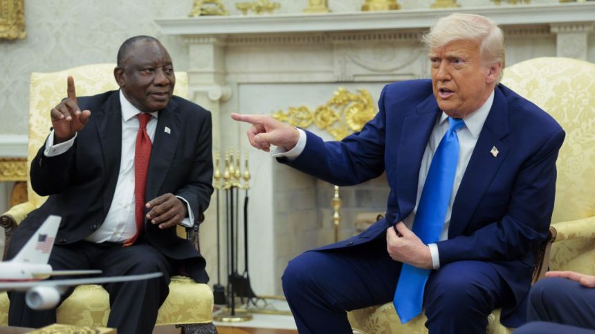 WASHINGTON, DC - MAY 21: U.S. President Donald Trump (R) speaks during a meeting with President of South Africa Cyril Ramaphosa in the Oval Office of the White House on May 21, 2025 in Washington, DC. Relations between the two countries have been strained since Trump signed an executive order in February that claimed white South Africans are the victims of government land confiscation and race-based “genocide” while admitting some of those Afrikaners as refugees to the United States. Trump also halted all foreign aid to South Africa and expelled the country’s Ambassador to the U.S. Ebrahim Rasool. (Photo by Chip Somodevilla/Getty Images)