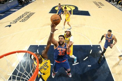 Karl-Anthony Towns (No. 32) led the New York Knicks to a comeback victory in Game 3 of the Eastern Conference Finals against the Indiana Pacers.