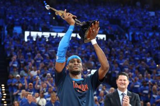 Shai Gilgeous-Alexander was presented with the MVP trophy ahead of Game 2.