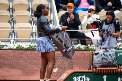 Coco Gauff realizes her racket bag is empty before playing Olivia Gadecki in the French Open first round.