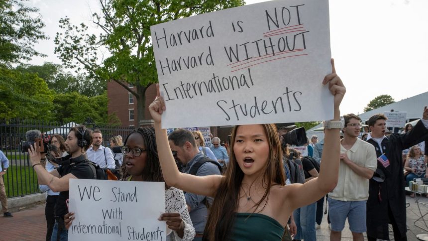 People hold signs during the Harvard Students for Freedom rally in support of international students at the Harvard University campus in Boston, Massachusetts, on Tuesday.