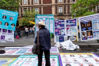 Posters displaying candidate and election information in front of the Supreme Court of Justice of the Nation in Mexico City on May 27, 2025.