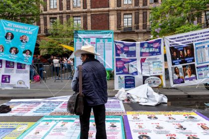 Posters displaying candidate and election information in front of the Supreme Court of Justice of the Nation in Mexico City on May 27, 2025.