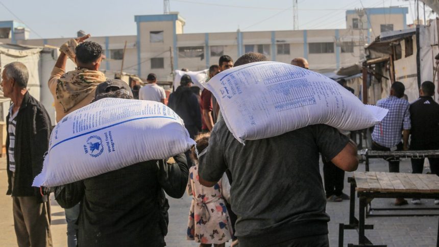 People carry sacks of flour distributed by charities in Khan Younis on Saturday.