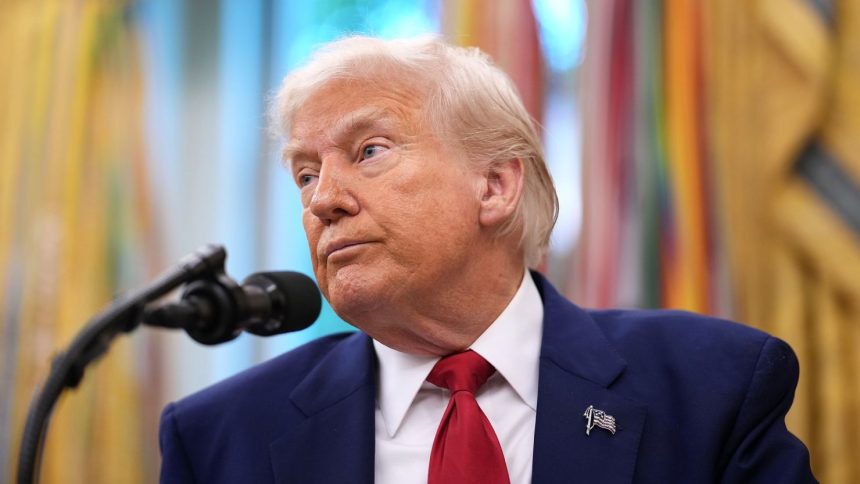 President Donald Trump speaks during a swearing in ceremony for interim US Attorney for Washington, D.C. Jeanine Pirro in the Oval Office of the White House on May 28, 2025.