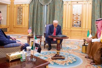US President Donald Trump meets with Syrian President Ahmad al-Sharaa in Riyadh, Saudi Arabia, on Wednesday, May 14, 2025.