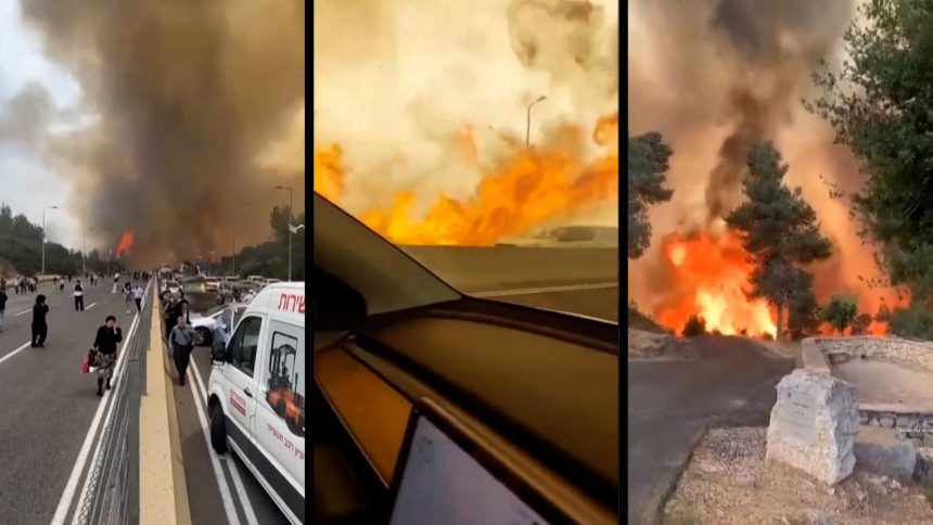 Drivers on Highway 1 near Jerusalem were forced to flee their cars, leaving them abandoned on the highway as more than 100 teams across Israel fight wildfires on multiple fronts, authorities said.