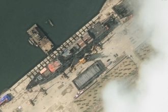 This satellite image shows North Korea's second newest destroyer in Chongjin Shipyard, North Korea, on May 18, 2025, just days before it was damaged in a 'serious accident' during a launching ceremony.