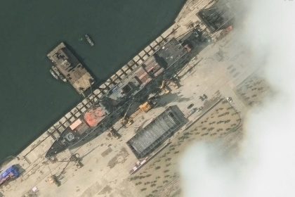 This satellite image shows North Korea's second newest destroyer in Chongjin Shipyard, North Korea, on May 18, 2025, just days before it was damaged in a 'serious accident' during a launching ceremony.