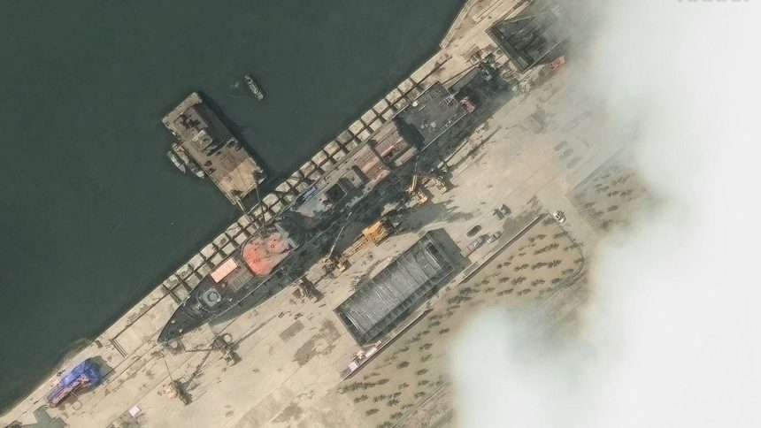 This satellite image shows North Korea's second newest destroyer in Chongjin Shipyard, North Korea, on May 18, 2025, just days before it was damaged in a 'serious accident' during a launching ceremony.