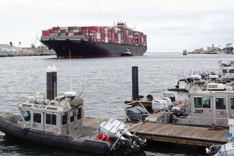 A cargo ship arriving at the Port of Los Angeles. Nearby are bonded warehouses where businesses pay money to have imports locked up to defer tariff payments.