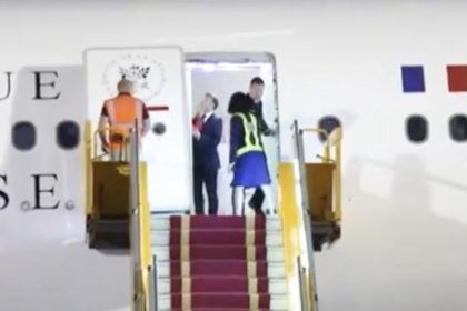 France's President Emmanuel Macron and his wife Brigitte Macron arrive at Noi Bai International Airport, marking the first trip to Vietnam by a French president in nearly a decade, in Hanoi, Vietnam, May 25, 2025