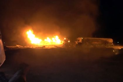 This screengrab, taken from a video released by Houthi-run Al-Masirah TV, shows flames rising from the fuel port of Ras Isa in Hodeidah, Yemen, following US airstrikes, on Friday.
