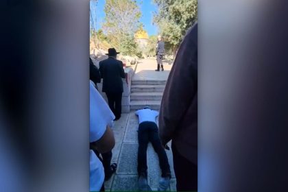 Far-right Israeli lawmaker Zvi Sukkot praying at the al-Aqsa compound in the Old City of Jerusalem on Thursday, April 17.