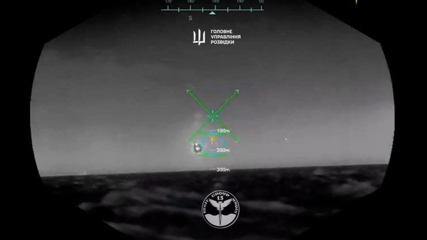 This screengrab from a video shows what the Defense Intelligence of Ukraine says is a Russian Su-30 fighter jet being shot down over the Black Sea by a Ukrainian seaborne Magura drone on Friday. CNN could not independently verify the claim.