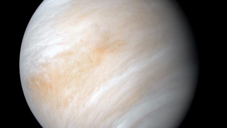 As it sped away from Venus, NASA's Mariner 10 spacecraft captured this seemingly peaceful view of the planet. But, contrary to its serene appearance, the clouded globe of Venus is a world of intense heat, crushing atmospheric pressure and clouds of corrosive acid.