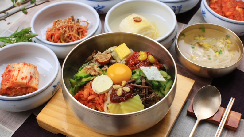 Bibimbap: This Korean lunch-in-a-bowl mixes together a simple salad of rice, mixed vegetables, rice, beef and egg, with sesame oil and a dollop of chili paste for seasoning.