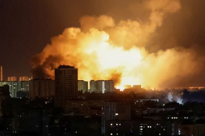 An explosion of a drone lights up the sky over the city during a Russian strike in Kyiv, Ukraine May 24, 2025.
