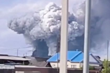 Smoke rises in Russia's Irkutsk region following a reported Ukrainian drone attack on a nearby airbase, in this still image from a video published on Sunday.
