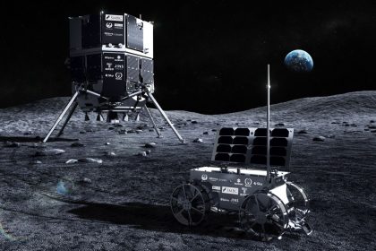The artist's rendering above depicts the Ispace Resilience lunar lander and rover on the moon. Resilience will attempt to touch down in the moon's Mare Frigoris region on Thursday.