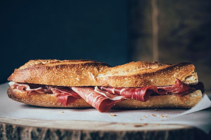 Bocadillo de jamón Ibérico, Spain: Simple and delicious, the star here is Spain's prized Iberian ham, thinly sliced and piled on crusty bread that's brushed with extra virgin olive oil. Fresh tomatoes and cheese can be added, too.
