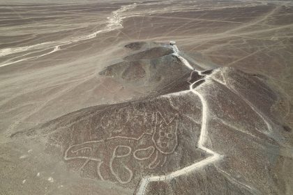 A cat-like Nazca Line geoglyph is seen from above in Nazca, Peru, on May 17, 2023.