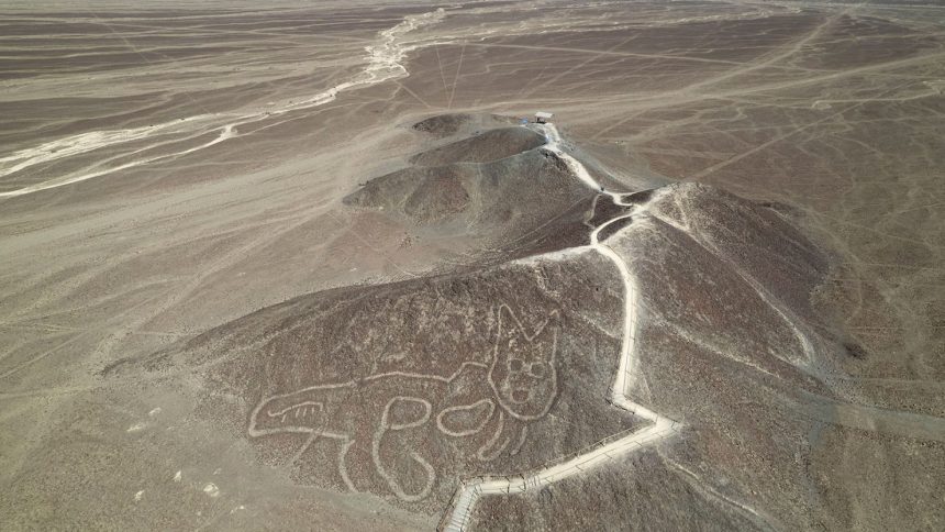 A cat-like Nazca Line geoglyph is seen from above in Nazca, Peru, on May 17, 2023.