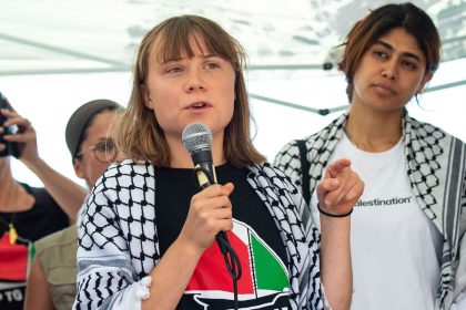 Climate activist Greta Thunberg with other activists from a human rights organization meets with journalists in Catania, Italy on June 1, 2025 before setting sail towards Gaza.
