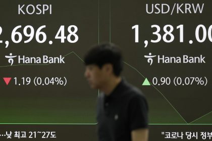 Screens showing South Korea's KOSPI stock index, left, and the foreign exchange rate between the US dollar and South Korean won in Seoul, South Korea on June 2.