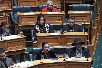 New Zealand lawmakers, Hana-Rāwhiti Maipi-Clarke, center at second row, Debbie Ngarewa-Packer, center in front row, and Rawiri Waititi, bottom right, watch as legislators debate their proposed bans in Wellington, New Zealand on June 5, 2025.
