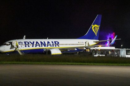 The Ryanair passenger jet stands on the apron at Memmingen Airport on June 4, 2025.