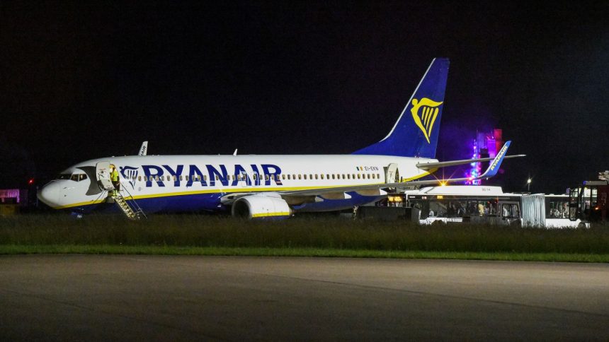 The Ryanair passenger jet stands on the apron at Memmingen Airport on June 4, 2025.