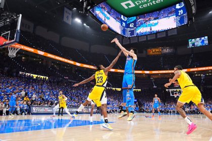 Oklahoma City Thunder forward Chet Holmgren (7) shoots against Indiana Pacers forward Aaron Nesmith (23) during the first half