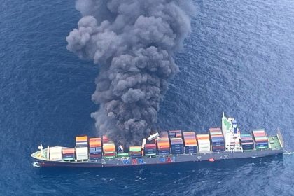 Smoke rises following an explosion and fire onboard a Singapore-flagged container ship off the coast of Kerala, India, June 9, 2025.