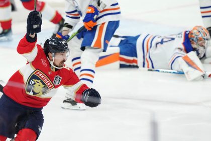 Florida Panthers' center Brad Marchand celebrates an early goal against the Edmonton Oilers in Game 3 of the NHL Stanley Cup Final on Monday.