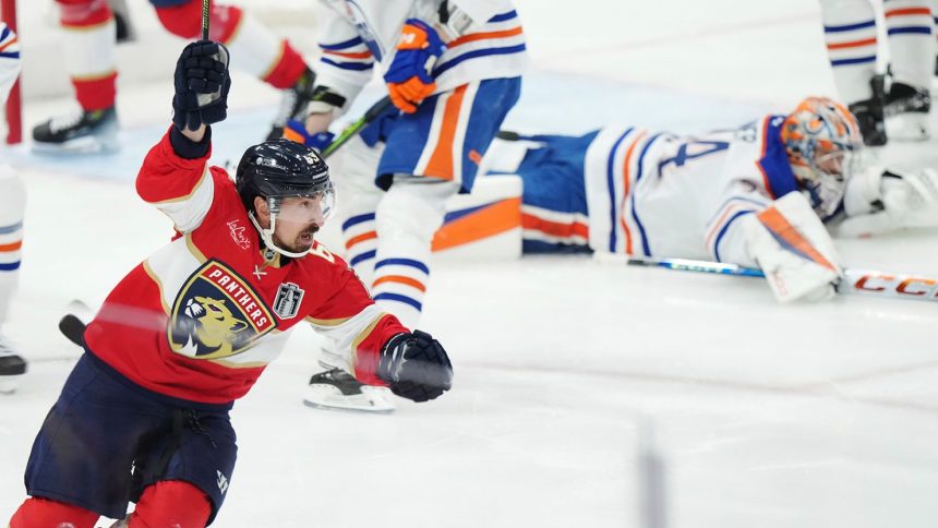 Florida Panthers' center Brad Marchand celebrates an early goal against the Edmonton Oilers in Game 3 of the NHL Stanley Cup Final on Monday.