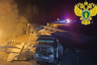 This photo provided by the Moscow Interregional Transport Prosecutor's Office shows the aftermath of a bridge collapse in Russia's Bryansk region on May 31, 2025.