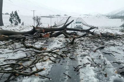 Snow covers the N2 road heading to Nolangeni, South Africa on June 10.