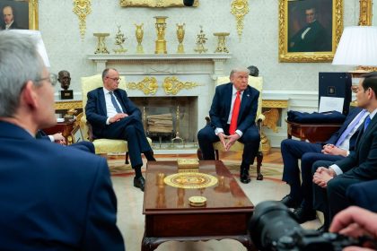 President Donald Trump and German Chancellor Friedrich Merz hold a meeting in the Oval Office at the White House on June 5, in Washington, DC.