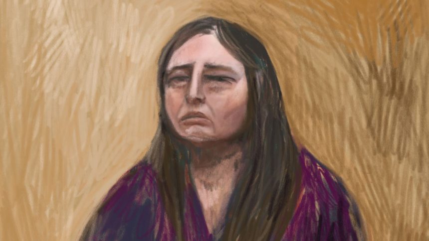 A court sketch of Erin Patterson giving evidence at her triple murder trial at the Latrobe Valley Magistrates' Court in Morwell, Victoria, Australia.