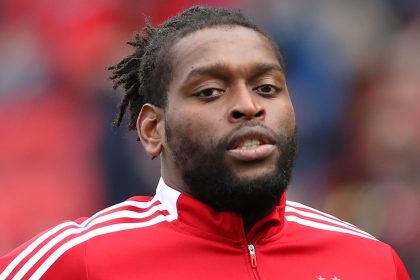 Jay Emmanuel-Thomas is seen before playing Aberdeen's game against Celtic in the Scottish Premiership at Pittodrie Stadium on October 3, 2021.