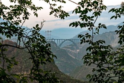 This photograph taken on July 6, 2024, shows a general view of Chenab bridge, the world's highest rail arch bridge in India-administered Jammu and Kashmir.