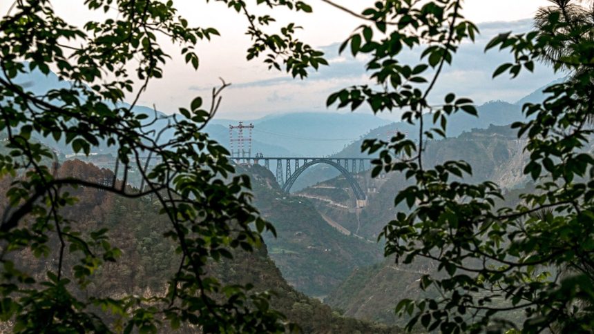 This photograph taken on July 6, 2024, shows a general view of Chenab bridge, the world's highest rail arch bridge in India-administered Jammu and Kashmir.