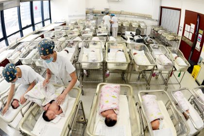 Nurses take care of newborn babies at a maternal and child health hospital on February 28, 2024 in Lanzhou, Gansu Province of China.