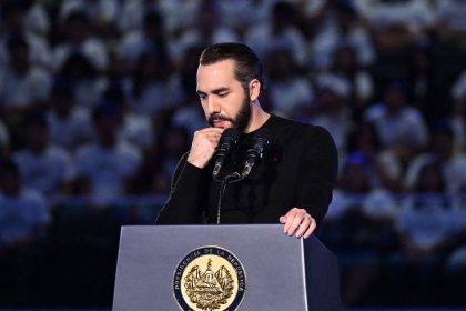 El Salvador's Nayib Bukele delivers a speech to high school students at the Adolfo Pineda National Gymnasium in San Salvador on March 15.