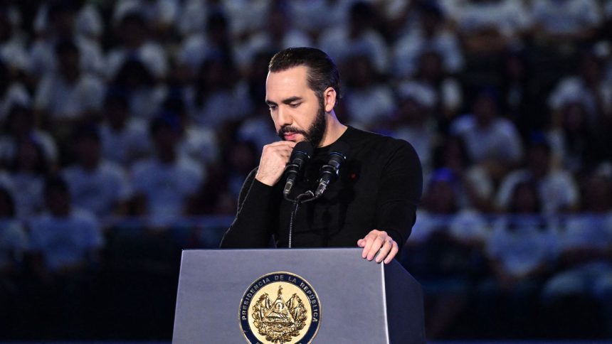 El Salvador's Nayib Bukele delivers a speech to high school students at the Adolfo Pineda National Gymnasium in San Salvador on March 15.