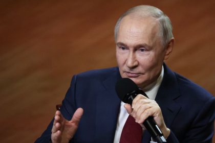 Russian President Vladimir Putin gestures as he speaks during a meeting in Sirius, Russia, on May 19.
