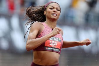 Gabby Thomas competing in the women's 200m at the Philadelphia Grand Slam Track meet on May 31.