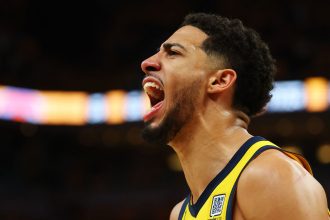 Tyrese Haliburton of the Indiana Pacers celebrates during the fourth quarter against the New York Knicks in Game Six of the Eastern Conference Finals.